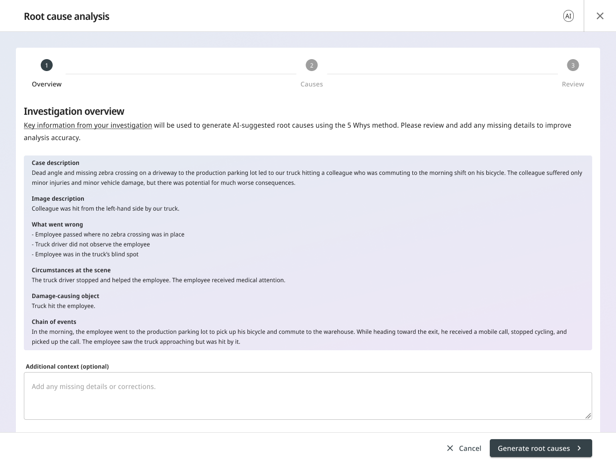 Step 1 of the wizard: an investigation overview screen with auto-filled case description, image description, what went wrong, circumstances, and a data-quality warning when the description is too short.